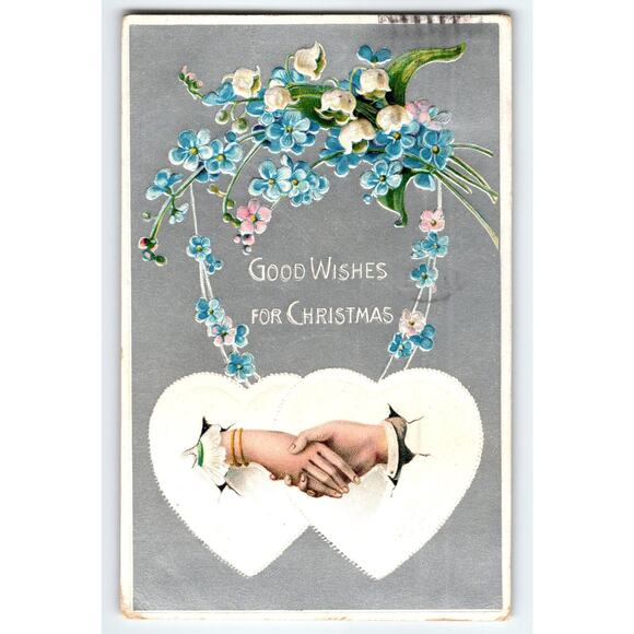 Vintage Christmas Postcard Two Hearts Handshake Floral Embossed - Picture 1 of 2